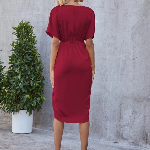 Blue Silky batwing surplice faux wrap midi dress - Picture 4 of 10